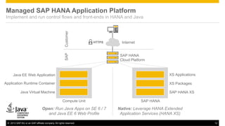Managed SAP HANA Application Platform

HTTPS

SAP

Customer

Implement and run control flows and front-ends in HANA and Ja...
