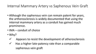 Internal Mammary Artery vs Saphenous Vein Graft
• Although the saphenous vein can remain patent for years,
the artherosclerosis is widely documented that using the
internal mammary artery as a conduit has gained much
prominence.
• IMA – conduit of choice
• Why?
 Appears to resist the development of atherosclerosis
 Has a higher late-patency rate than a comparable
saphenous vein graft
 