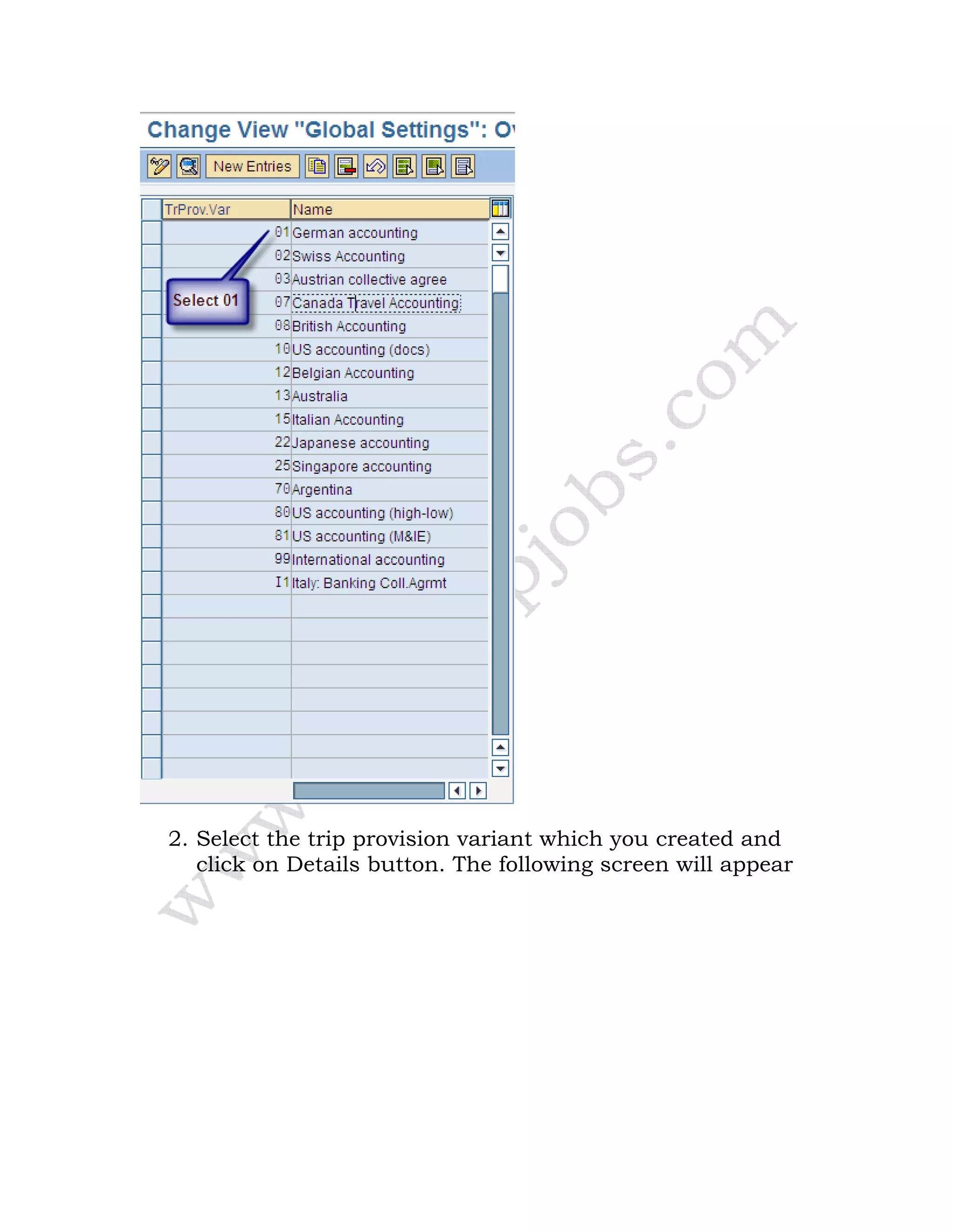 2. Select the trip provision variant which you created and
click on Details button. The following screen will appear
 