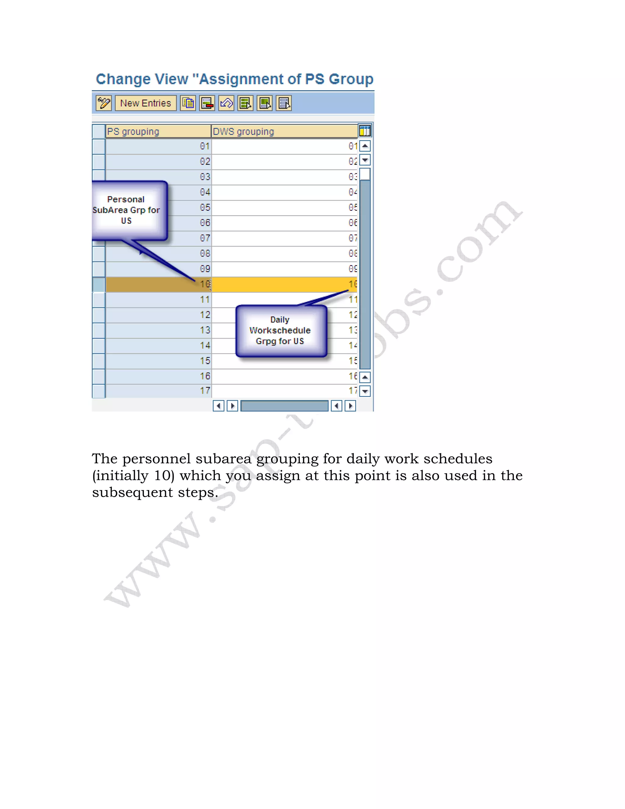 The personnel subarea grouping for daily work schedules
(initially 10) which you assign at this point is also used in the
subsequent steps.
 