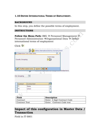 1.10 DEFINE INTERNATIONAL TERMS OF EMPLOYMENT.
BACKGROUND
In this step, you define the possible terms of employment.
INSTRUCTIONS
Follow the Menu Path: IMG Personnel Management
Personnel Administration Organzational Data Define
international terms of employment
Click
Field Description
Contract Enter 2 digit Contract Code
Contract Text Enter Contract Code text
Impact of this configuration in Master Data /
Transaction
Field in IT 0001
 