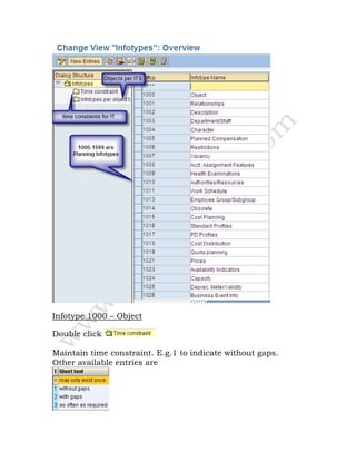 Infotype 1000 – Object
Double click
Maintain time constraint. E.g.1 to indicate without gaps.
Other available entries are
 