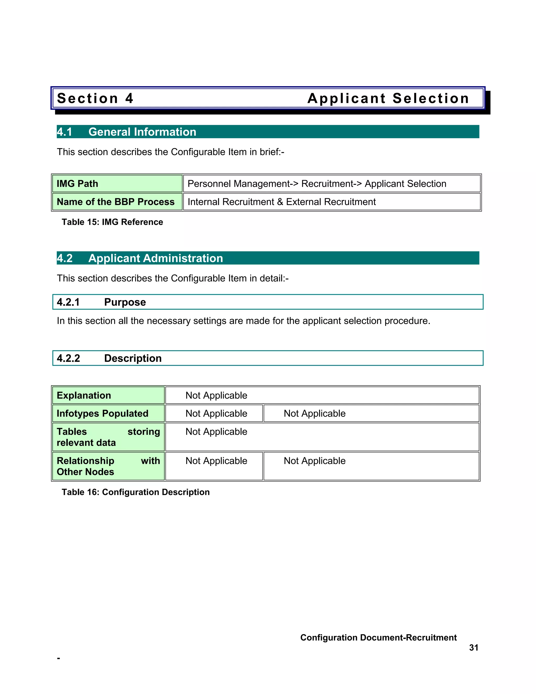 Section 4                                                   Applicant Selection

4.1       General Information
This section describes the Configurable Item in brief:-


IMG Path                         Personnel Management-> Recruitment-> Applicant Selection
Name of the BBP Process          Internal Recruitment & External Recruitment

    Table 15: IMG Reference



4.2       Applicant Administration
This section describes the Configurable Item in detail:-

4.2.1         Purpose
In this section all the necessary settings are made for the applicant selection procedure.


4.2.2         Description


Explanation                      Not Applicable
Infotypes Populated              Not Applicable       Not Applicable
Tables             storing       Not Applicable
relevant data
Relationship          with       Not Applicable       Not Applicable
Other Nodes

    Table 16: Configuration Description




                                                           Configuration Document-Recruitment
                                                                                                31
-
 