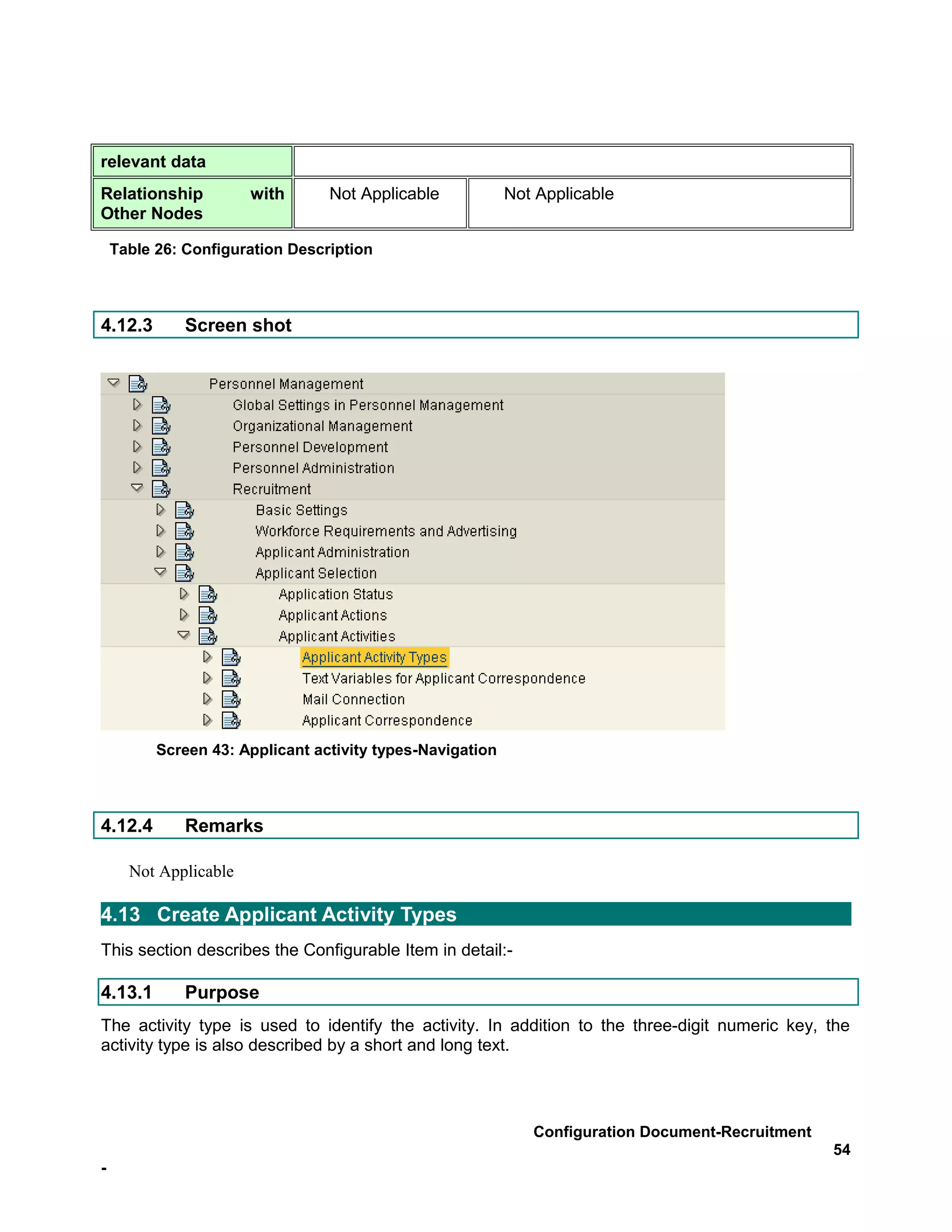 relevant data
Relationship           with      Not Applicable            Not Applicable
Other Nodes

    Table 26: Configuration Description



4.12.3        Screen shot




          Screen 43: Applicant activity types-Navigation



4.12.4        Remarks

      Not Applicable

4.13 Create Applicant Activity Types
This section describes the Configurable Item in detail:-

4.13.1        Purpose
The activity type is used to identify the activity. In addition to the three-digit numeric key, the
activity type is also described by a short and long text.




                                                              Configuration Document-Recruitment
                                                                                                   54
-
 