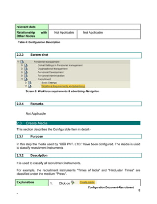 relevant data
Relationship          with        Not Applicable       Not Applicable
Other Nodes
    Table 4: Configuration Description



2.2.3         Screen shot




          Screen 6: Workforce requirements & advertising- Navigation



2.2.4         Remarks


          Not Applicable


2.3       Create Media
This section describes the Configurable Item in detail:-

2.3.1         Purpose

In this step the media used by “XXX PVT. LTD.” have been configured. The media is used
to classify recruitment instruments

2.3.2         Description

It is used to classify all recruitment instruments.

For example, the recruitment instruments "Times of India" and "Hindustan Times" are
classified under the medium "Press".

Explanation                  1.      Click on
                                                           Configuration Document-Recruitment
                                                                                                12
-
 