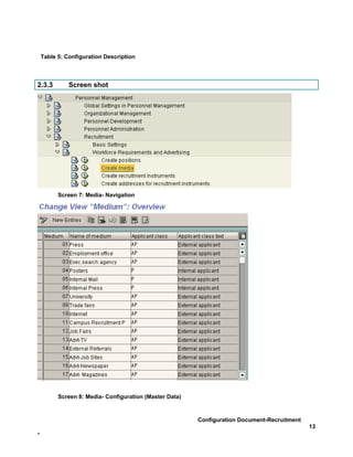 Table 5: Configuration Description



2.3.3         Screen shot




          Screen 7: Media- Navigation




          Screen 8: Media- Configuration (Master Data)



                                                         Configuration Document-Recruitment
                                                                                              13
-
 