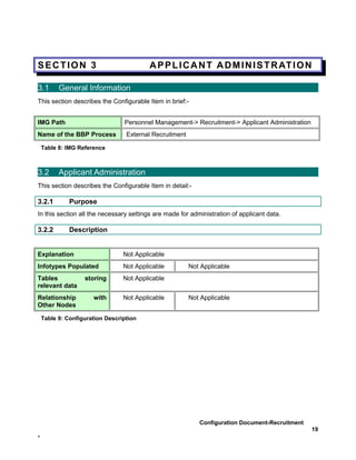 SECTION 3                                A P P L I C A N T A D M I N I S T R AT I O N

3.1       General Information
This section describes the Configurable Item in brief:-


IMG Path                         Personnel Management-> Recruitment-> Applicant Administration
Name of the BBP Process           External Recruitment

    Table 8: IMG Reference



3.2       Applicant Administration
This section describes the Configurable Item in detail:-

3.2.1         Purpose
In this section all the necessary settings are made for administration of applicant data.

3.2.2         Description


Explanation                      Not Applicable
Infotypes Populated              Not Applicable          Not Applicable
Tables             storing       Not Applicable
relevant data
Relationship          with       Not Applicable          Not Applicable
Other Nodes

    Table 9: Configuration Description




                                                            Configuration Document-Recruitment
                                                                                                 19
-
 