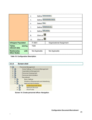 4.          Define

                              5.          Define

                              6.          Select

                              7.          Define

                              8.          Define

                              9.          Click on

                              10.         Click on
Infotypes Populated                IT 0001              Organizational Assignment
Tables             storing         T526
relevant data
Relationship          with         Not Applicable       Not Applicable
Other Nodes

    Table 10: Configuration Description



3.3.3         Screen shot




          Screen 14: Create personnel officer- Navigation




                                                            Configuration Document-Recruitment
                                                                                                 21
-
 