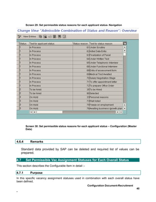 Screen 29: Set permissible status reasons for each applicant status- Navigation




        Screen 30: Set permissible status reasons for each applicant status – Configuration (Master
        Data)



4.6.4      Remarks

    Standard data provided by SAP can be deleted and required list of values can be
    prepared.

4.7     Set Permissible Vac Assignment Statuses for Each Overall Status
This section describes the Configurable Item in detail :-

4.7.1      Purpose
In this specific vacancy assignment statuses used in combination with each overall status have
been defined.
                                                            Configuration Document-Recruitment
                                                                                                  40
-
 