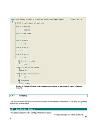 Screen 32: Set permissible vacancy assignment status for each overall status – Feature
        (STATU)



4.7.4      Remarks


The standard SAP system contains an example of admissible combinations of vacancy assignment
status and overall status.


4.8     Application Actions
This section describes the Configurable Item in detail:-
                                                           Configuration Document-Recruitment
                                                                                                 42
-
 