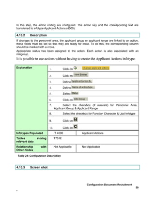 In this step, the action coding are configured. The action key and the corresponding text are
transferred to infotype Applicant Actions (4000).

4.10.2        Description
If changes to the personnel area, the applicant group or applicant range are linked to an action,
these fields must be set so that they are ready for input. To do this, the corresponding column
should be marked with a cross.
Appropriate status has been assigned to the action. Each action is also associated with an
infogroup.
It is possible to use actions without having to create the Applicant Actions infotype.

Explanation                  1.            Click on

                             2.            Click on

                             3.            Define

                             4.            Define

                             5.            Select

                             6.            Click on
                             7.           Select the checkbox (If relevant) for Personnel Area,
                                   Applicant Group & Applicant Range
                             8.            Select the checkbox for Function Character & Upd Infotype

                             9.            Click on

                             10.           Click on
Infotypes Populated                IT 4000                Applicant Actions
Tables             storing         T751E
relevant data
Relationship          with         Not Applicable         Not Applicable
Other Nodes

    Table 24: Configuration Description



4.10.3        Screen shot




                                                             Configuration Document-Recruitment
                                                                                                       50
-
 