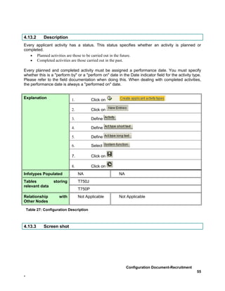 4.13.2        Description
Every applicant activity has a status. This status specifies whether an activity is planned or
completed.
   • Planned activities are those to be carried out in the future.
   • Completed activities are those carried out in the past.

Every planned and completed activity must be assigned a performance date. You must specify
whether this is a "perform by" or a "perform on" date in the Date indicator field for the activity type.
Please refer to the field documentation when doing this. When dealing with completed activities,
the performance date is always a "performed on" date.


Explanation                  1.           Click on

                             2.           Click on

                             3.           Define

                             4.           Define

                             5.           Define

                             6.           Select

                             7.           Click on

                             8.           Click on
Infotypes Populated               NA                   NA
Tables             storing        T750J
relevant data
                                  T750P
Relationship          with        Not Applicable       Not Applicable
Other Nodes

    Table 27: Configuration Description



4.13.3        Screen shot




                                                            Configuration Document-Recruitment
                                                                                                     55
-
 