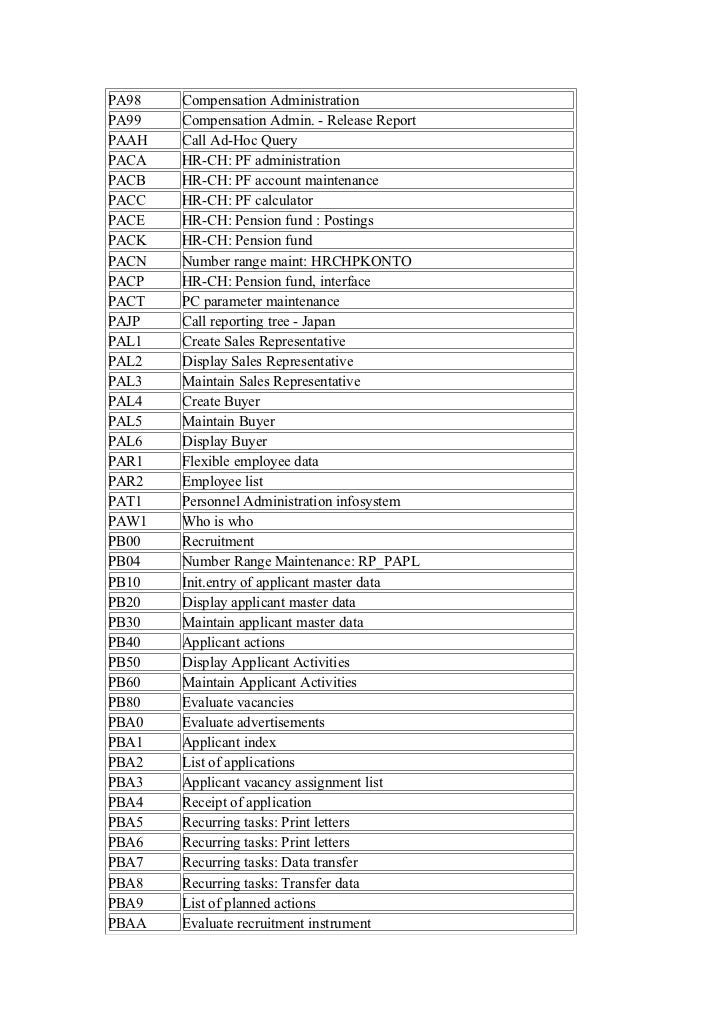 Sap Hr Transaction Codes All