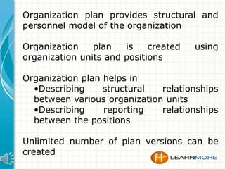 Organization plan provides structural and
personnel model of the organization

Organization
plan
is
created
organization units and positions

using

Organization plan helps in
•Describing
structural
relationships
between various organization units
•Describing
reporting
relationships
between the positions
Unlimited number of plan versions can be
created

 
