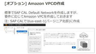 [オプション] Amazon VPCの作成
標準でSAP CAL Default Networkを作成しますが、
要件に応じてAmazon VPCを作成しておきます
注: SAP CALではus-east-1(バージニア北部)に作成
 