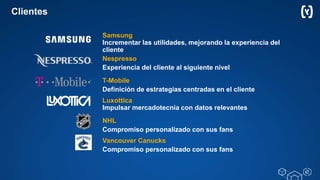 Clientes
Samsung
Incrementar las utilidades, mejorando la experiencia del
cliente
Nespresso
Experiencia del cliente al siguiente nivel
T-Mobile
Definición de estrategias centradas en el cliente
Luxottica
Impulsar mercadotecnia con datos relevantes
NHL
Compromiso personalizado con sus fans
Vancouver Canucks
Compromiso personalizado con sus fans
