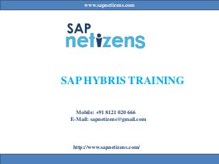 www.sapnetizens.com
SAP HYBRIS TRAINING
Mobile: +91 8121 020 666
E-Mail: sapnetizens@gmail.com
http://www.sapnetizens.com/
 