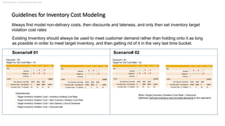 Classification: General Business Use
Guidelines for Inventory Cost Modeling
Existing Inventory should always be used to meet customer demand rather than holding onto it as long
as possible in order to meet target inventory, and then getting rid of it in the very last time bucket.
Scenario# 01 Scenario# 02
Always first model non-delivery costs, then discounts and lateness, and only then set inventory target
violation cost rates
 