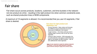 Classification: General Business Use
Fair share
Fair share occurs across products, locations, customers, and time buckets in the network -
not one product at a time - resulting in the right product mix when common constraints exist,
such as shared production lines or BOM components
A maximum of 10 segments is allowed. It is recommended that you use 4-5 segments, if fair
share is desired.
 