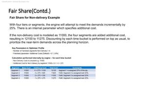 Classification: General Business Use
Fair Share(Contd.)
Fair Share for Non-delivery Example
With four tiers or segments, the engine will attempt to meet the demands incrementally by
25%. There is an internal parameter which specifies additional cost.
If the non-delivery cost is modeled as 11000, the four segments are added additional cost,
resulting in 12100 to 11275. Discounting by each time bucket is performed on top as usual, to
prioritize the near-term demands across the planning horizon.
 