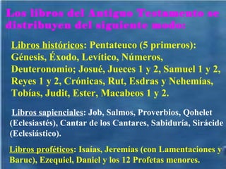 Los libros del Antiguo Testamento se distribuyen del siguiente modo: Libros históricos : Pentateuco (5 primeros): Génesis, Éxodo, Levítico, Números, Deuteronomio; Josué, Jueces 1 y 2, Samuel 1 y 2, Reyes 1 y 2, Crónicas, Rut, Esdras y Nehemías, Tobías, Judit, Ester, Macabeos 1 y 2. Libros sapienciales : Job, Salmos, Proverbios, Qohelet (Eclesiastés), Cantar de los Cantares, Sabiduría, Sirácide (Eclesiástico). Libros proféticos : Isaías, Jeremías (con Lamentaciones y Baruc), Ezequiel, Daniel y los 12 Profetas menores. 