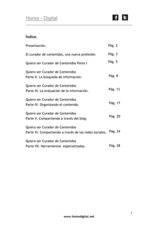 Homo - Digital

Índice.
Presentación.

Pág. 2

El curador de contenidos, una nueva profesión.

Pág. 3

Quiero ser Curador de Contenidos Parte I

Pág. 5

Quiero ser Curador de Contenidos
Parte II. La búsqueda de información.
Quiero ser Curador de Contenidos
Parte III. La evaluación de la información.
Quiero ser Curador de Contenidos
Parte IV. Organizando el contenido.
Quiero ser Curador de Contenidos
Parte V. Compartiendo a través del blog.

Pág. 8

Pág. 13

Pág. 17

Pág. 20

Quiero ser Curador de Contenidos
Parte VI. Compartiendo a través de las redes sociales. Pág. 24
Quiero ser Curador de Contenidos
Parte VII. Herramientas especializadas.

Pág. 28

1
www.homodigital.net

 