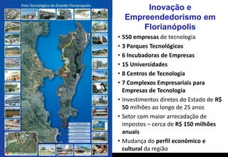 Inovação e
Empreendedorismo em
Florianópolis
•
•
•
•
•
•

550 empresas de tecnologia
3 Parques Tecnológicos
6 Incubadoras ...