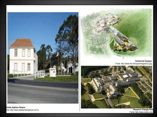 Centennial Campus
Fonte: http://www.hku.hk/cpao/images/cc2.jpg
Entrada Sapiens Parque
Fonte: http://www.belasantacatarina.com.br Research Triangle Park
Fonte: http://www.nature.com
 