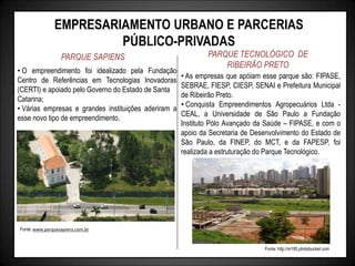 EMPRESARIAMENTO URBANO E PARCERIAS
PÚBLICO-PRIVADAS
PARQUE SAPIENS PARQUE TECNOLÓGICO DE
RIBEIRÃO PRETO
• As empresas que apóiam esse parque são: FIPASE,
SEBRAE, FIESP, CIESP, SENAI e Prefeitura Municipal
de Ribeirão Preto.
• Conquista Empreendimentos Agropecuários Ltda -
CEAL, a Universidade de São Paulo a Fundação
Instituto Pólo Avançado da Saúde – FIPASE, e com o
apoio da Secretaria de Desenvolvimento do Estado de
São Paulo, da FINEP, do MCT, e da FAPESP, foi
realizada a estruturação do Parque Tecnológico.
Fonte: http://m185.photobucket.com
• O empreendimento foi idealizado pela Fundação
Centro de Referências em Tecnologias Inovadoras
(CERTI) e apoiado pelo Governo do Estado de Santa
Catarina;
• Várias empresas e grandes instituições aderiram a
esse novo tipo de empreendimento.
Fonte: www.parquesapiens.com.br
 