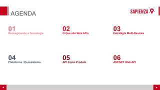 AGENDA
01Reimaginando a Tecnologia
02O Que são Web APIs
03Estratégia Multi-Devices
04Plataforma / Ecossistema
05API Como Produto
06ASP.NET Web API
 