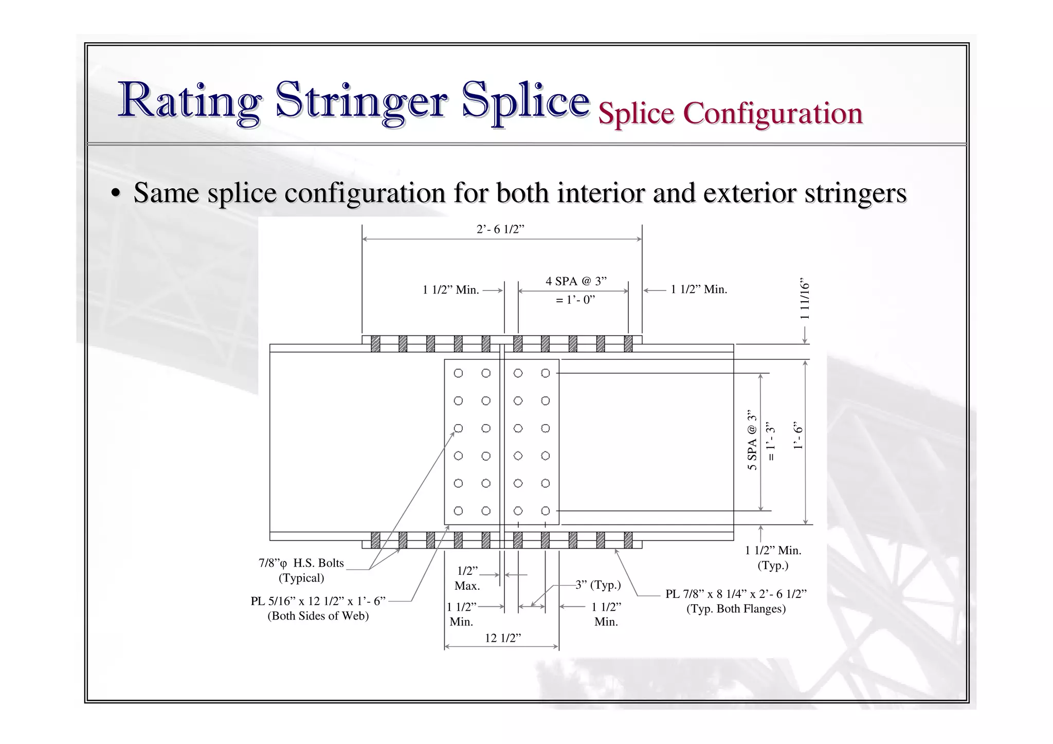 Rating Stringer Splice Splice Configuration
• Same splice configuration for both interior and exterior stringers

5 SPA @ 3”
= 1’- 3”

1 1/2” Min.

7/8”φ H.S. Bolts
(Typical)
PL 5/16” x 12 1/2” x 1’- 6”
(Both Sides of Web)

1’- 6”

4 SPA @ 3”
= 1’- 0”

1 1/2” Min.

1 11/16”

2’- 6 1/2”

1 1/2” Min.
(Typ.)

1/2”
Max.

3” (Typ.)

1 1/2”
Min.

1 1/2”
Min.
12 1/2”

PL 7/8” x 8 1/4” x 2’- 6 1/2”
(Typ. Both Flanges)

 