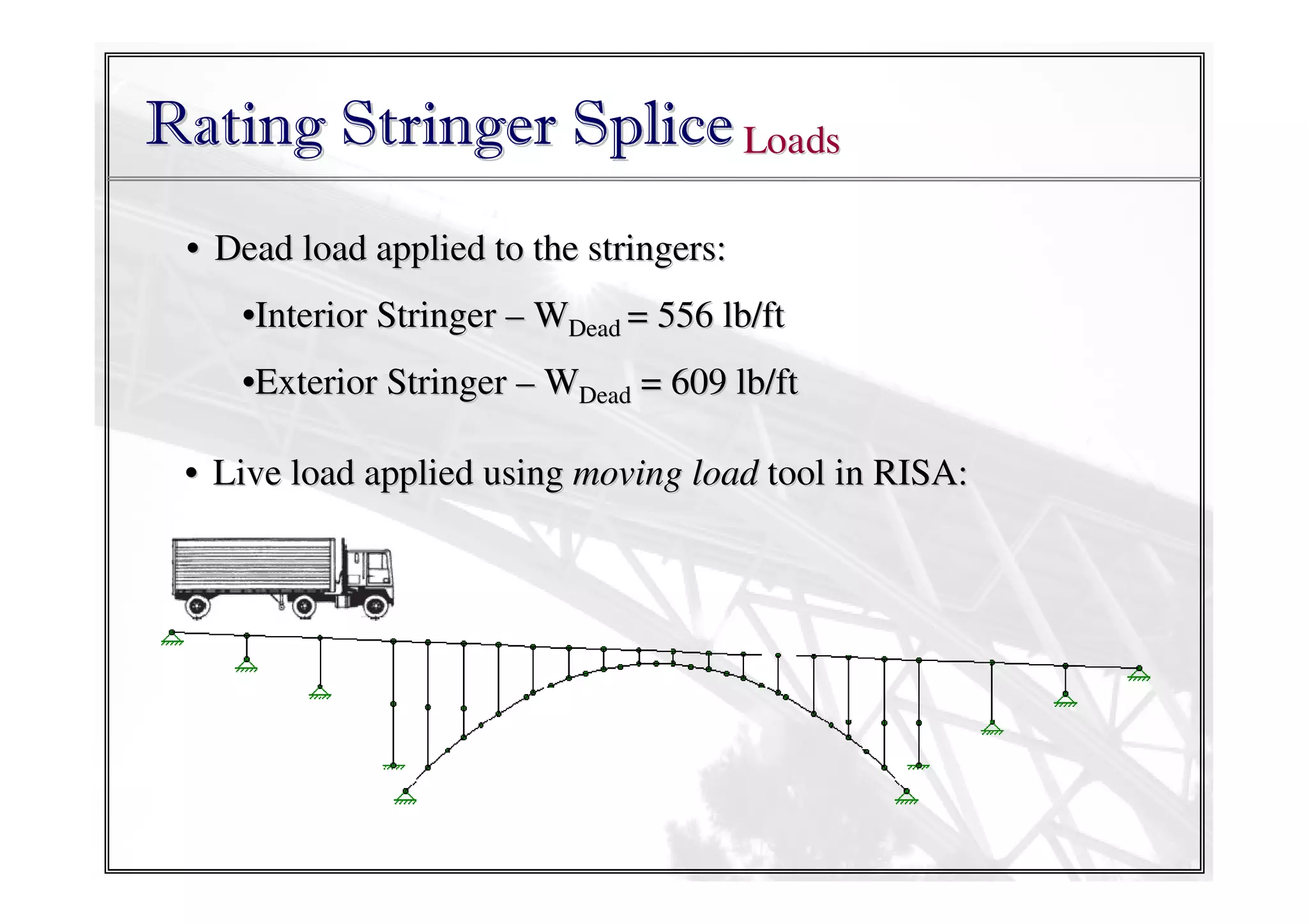 Rating Stringer Splice Loads
• Dead load applied to the stringers:
•Interior Stringer – WDead = 556 lb/ft
•Exterior Stringer – WDead = 609 lb/ft
• Live load applied using moving load tool in RISA:

 