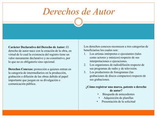 Derechos de Autor 
Carácter Declarativo del Derecho de Autor: El 
derecho de autor nace con la creación de la obra, en 
virtud de lo cual la existencia del registro tiene un 
valor meramente declarativo y no constitutivo, por 
lo que no es obligatorio sino opcional. 
Derechos Conexos: protección a quienes entran en 
la categoría de intermediarios en la producción, 
grabación o difusión de las obras debido al papel 
importante que juegan en su divulgación o 
comunicación pública. 
Los derechos conexos reconocen a tres categorías de 
beneficiarios los cuales son: 
1. Los artistas intérpretes o ejecutantes (tales 
como actores y músicos) respecto de sus 
interpretaciones o ejecuciones. 
2. Los organismos de radiodifusión respecto de 
sus programas de radio y de televisión. 
3. Los productores de fonogramas (las 
grabaciones de discos compactos) respecto de 
sus grabaciones. 
¿Cómo registrar una marca, patente o derecho 
de autor? 
• Búsqueda de antecedentes 
• Adquisición de planillas 
• Presentación de la solicitud 
 