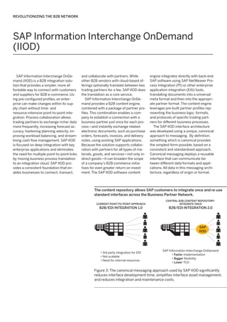 REVOLUTIONIZING THE B2B NETWORK

SAP Information Interchange OnDemand
(IIOD)
SAP Information Interchange OnDemand (IIOD) is a B2B integration solution that provides a simpler, more affordable way to connect with customers
and suppliers for B2B e-commerce. Using pre-configured profiles, an enterprise can make changes within its supply chain without time- and
resource-intensive point-to-point integration. Process collaboration allows
trading partners to exchange richer data
more frequently, increasing forecast accuracy, hastening planning velocity, improving workload balancing, and streamlining cash flow management. SAP IIOD
is focused on deep integration with key
enterprise applications and eliminates
the need for multiple point-to-point links
by moving business process translation
to an integration cloud. SAP IIOD provides a consistent foundation that enables businesses to connect, transact,

and collaborate with partners. While
other B2B vendors with cloud-based offerings optionally translate between two
trading partners for a fee, SAP IIOD does
the translation as a core service.
SAP Information Interchange OnDemand provides a B2B content engine,
combined with a package of partner profiles. This combination enables a company to establish a connection with a
business partner just once for each process—and instantly exchange related
electronic documents, such as purchase
orders, forecasts, invoices, and delivery
notes, using existing SAP applications.
Because the solution supports collaboration with partners for all types of materials, goods, and services—not only indirect goods—it can broaden the scope
of a company’s B2B commerce initiatives for even greater return on investment. The SAP IIOD software content

engine integrates directly with back-end
SAP software using SAP NetWeaver Process Integration (PI) or other enterprise
application integration (EAI) tools,
translating documents into a universal
meta format and then into the appropriate partner format. The content engine
leverages pre-built partner profiles representing the business logic, formats,
and protocols of specific trading partners for different business processes.
The SAP IIOD interface architecture
was developed using a unique, canonical
approach to messaging. By definition,
something which is canonical provides
the simplest form possible, based on a
consistent and standardized approach.
Canonical messaging deploys a reusable
interface that can communicate between different data formats and applications. All data in this messaging architecture, regardless of origin or format,

The content repository allows SAP customers to integrate once and re-use
standard interfaces across the Business Partner Network.
CURRENT POINT-TO-POINT APPROACH

B2B/EDI INTEGRATION 1.0

CENTRAL B2B CONTENT REPOSITORY:
INTEGRATE ONCE

B2B/EDI INTEGRATION 2.0

SAP
IIOD

• 3rd party integration for EDI
• Not scalable
• Need for internal resources

SAP Information Interchange OnDemand
• Faster implementation
• Bigger ﬂexibility
• Lower TCO

Figure 3: The canonical messaging approach used by SAP IIOD significantly
reduces interface development time, simplifies interface asset management,
and reduces integration and maintenance costs.

 