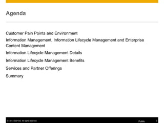 © 2013 SAP AG. All rights reserved. Public 3
Agenda
Customer Pain Points and Environment
Information Management, Information Lifecycle Management and Enterprise
Content Management
Information Lifecycle Management Details
Information Lifecycle Management Benefits
Services and Partner Offerings
Summary
 