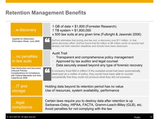 © 2013 SAP AG. All rights reserved. Public 40
…e-discovery
Holding data beyond its retention period has no value
Use of resources, system availability, performance
…IT and
storage
…no penalties
in law suits
A company fined $94.4 million! If the outdated email had been automatically
destroyed as a matter of policy, they would have been able to counter
successfully that they could not produce what they did not possess.
Certain laws require you to destroy data after retention is up
Sarbanes-Oxley, HIPAA, FACTA, Gramm-Leach-Bliley (GLB), etc.
Avoid penalties for not complying with the law
…legal
compliance
DuPont estimates that during one law suit, e-discovery cost $11 million. In that
same discovery effort, DuPont found that $4 million to $6 million worth of records had
already met their retention deadlines and should have been destroyed
Appetite for Destruction,
Information Week, June 2008
Data Destruction and Document
Lifecycle Policies:
Considerations for Compliance
with Federal Mandates and Acts,
CyberScrub 2006
Retention Management Benefits
1 GB of data = $1,800 (Forrester Research)
1 TB system = $1,800,000
x 500 law suits at any given time (Fulbright & Jaworski 2006)
Audit Trail
• Transparent and comprehensive policy management
• Approved by tax auditor and legal counsel
• Data securely erased beyond any type of forensic recovery
 