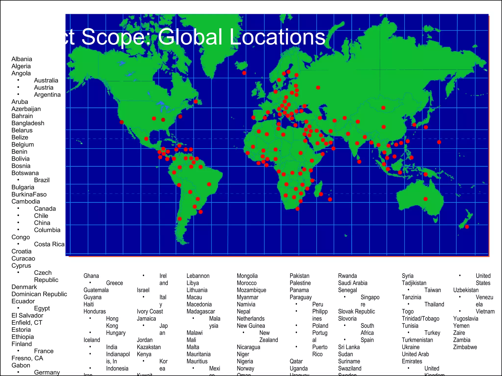 SAP Implementation Presentation GBIP Global Locations Albania  Algeria  Angola Australia Austria Argentina Aruba Azerbaijan Bahrain Bangladesh Belarus Belize Belgium Benin Bolivia Bosnia Botswana Brazil Bulgaria BurkinaFaso Cambodia Canada Chile China Columbia Congo Costa Rica Croatia Curacao Cyprus Czech Republic Denmark Dominican Republic Ecuador Egypt El Salvador Enfield, CT Estoria Ethiopia Finland France Fresno, CA Gabon Germany Ghana  Greece Guatemala Guyana Haiti Honduras Hong Kong Hungary Iceland  India Indianapolis, In Indonesia Iran Iraq Ireland Israel Italy Ivory Coast Jamaica Japan Jordan Kazakstan Kenya Korea Kuwait Kyrgystan Latvia  Laos Lebannon Libya Lithuania Macau Macedonia Madagascar Malaysia Malawi Mali Malta Mauritania Mauritius Mexico Moldova Pakistan  Palestine Panama Paraguay Peru Philippines Poland Portugal Puerto Rico Qatar Uganda Uraguay Romania Russia United States Uzbekistan Venezuela Vietnam Yugoslavia Yemen Zaire Zambia Zimbabwe Rwanda  Saudi Arabia Senegal Singapore  Slovak Republic Slovoria South Africa Spain Sri Lanka Sudan Suriname Swaziland Sweden Switzerland Mongolia  Morocco Mozambique Myanmar Namivia Nepal Netherlands New Guinea New Zealand Nicaragua Niger Nigeria Norway Oman Syria  Tadjikistan Taiwan Tanzinia Thailand Togo Trinidad/Tobago Tunisia Turkey Turkmenistan Ukraine United Arab  Emirates United Kingdom Project Scope:   Global Locations   