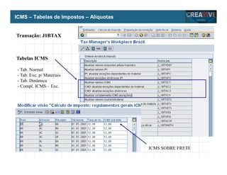 My Name
My Company
ICMS – Tabelas de Impostos – Alíquotas
Transação: J1BTAX
Tabelas ICMS
- Tab. Normal
- Tab. Exc. p/ Materiais
- Tab. Dinâmica
- Compl. ICMS – Exc.
ICMS SOBRE FRETE
 