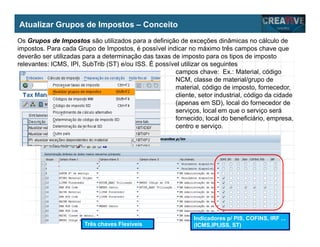 My Name
My Company
Atualizar Grupos de Impostos – Conceito
Três chaves Flexíveis
Indicadores p/ PIS, COFINS, IRF ...
(ICMS,IPI,ISS, ST)
Os Grupos de Impostos são utilizados para a definição de exceções dinâmicas no cálculo de
impostos. Para cada Grupo de Impostos, é possível indicar no máximo três campos chave que
deverão ser utilizadas para a determinação das taxas de imposto para os tipos de imposto
relevantes: ICMS, IPI, SubTrib (ST) e/ou ISS. É possível utilizar os seguintes
campos chave: Ex.: Material, código
NCM, classe de material/grupo de
material, código de imposto, fornecedor,
cliente, setor industrial, código da cidade
(apenas em SD), local do fornecedor de
serviços, local em que o serviço será
fornecido, local do beneficiário, empresa,
centro e serviço.
 