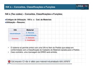 My Name
My Company
IVA´s – Conceitos, Classificações e Funções
Material
IVA´s (Tax codes) – Conceitos, Classificações e Funções;
●Códigos de Utilização: IVA´s x Cad. de Materiais
●Utilização – Resumo;
IVA Material
Industrialização
0 - Revenda
1 - Industrialização
Consumo
2 - Consumo
3 - Imobilizado
• O sistema só permite entrar com uma IVA no Item do Pedido que esteja em
conformidade com a Classificação do Cadastro do Material copiada para o Pedido;
• Caso contrário, uma mensagem de ERRO será emitida;
 