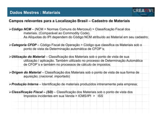 My Name
My Company
Campos relevantes para a Localização Brasil – Cadastro de Materiais
Código NCM – (NCM = Normas Comuns do Mercosul) > Classificação Fiscal dos
materiais. (Comparável ao Commodity Code).
As Alíquotas do IPI dependem do Código NCM atribuído ao Material em seu cadastro;
Categoria CFOP – Código Fiscal de Operação > Código que classifica os Materiais sob o
ponto de vista da Determinação automática de CFOP´s;
Utilização do Material – Classificação dos Materiais sob o ponto de vista de sua
utilização / aplicação. Também utilizado no processo de Determinação Automática
de CFOP´s e também no processos de cálculo de impostos;
Origem do Material – Classificação dos Materiais sob o ponto de vista de sua forma de
aquisição; (nacional, importado)
Produção Interna – Identificação de materiais produzidos intrenamente pela empresa;
Classificação Fiscal – (SD) – Classificação dos Materiais sob o ponto de vista dos
Impostos incidentes em sua Venda > ICMS/IPI > ISS
Dados Mestres : Materiais
 