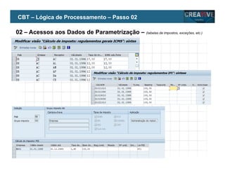 My Name
My Company
02 – Acessos aos Dados de Parametrização – (tabelas de impostos, exceções, etc.)
CBT – Lógica de Processamento – Passo 02
 