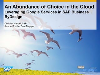 An Abundance of Choice in the Cloud
Leveraging Google Services in SAP Business
ByDesign
Christian Happel, SAP
Jerome Breche, SnapEngage
 