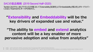 Copyright © 2019 Accenture. All rights reserved. 10
Copyright © 2019 Accenture. All rights reserved.
10
SACの製品戦略 (2019 Second Half~2020)
TechEd 2019では、BIとアナリティクス市場において「Extensibility(拡張性)」と「Embeddability(埋込性)」がキードライバー
になるというGartnerのレポートが引用された。
“Extensibility and Embeddability will be the
key drivers of expanded use and value.”
“The ability to embed and extend analytics
content will be a key enabler of more
pervasive adoption and value from analytics”
 引用02： SAP TechEd 2019, AIN104_Generating Value Through Hybrid SAP Analytics Solutions Scenarios
 引用03：https://www.gartner.com/en/newsroom/press-releases/2017-02-17-gartner-says-worldwide-business-intelligence-and-analytics-market-to-reach-18-billion-in-2017)
 