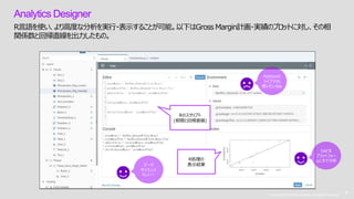 Copyright © 2019 Accenture. All rights reserved. 26
Copyright © 2019 Accenture. All rights reserved.
26
Analytics Designer
R言語を使い、より高度な分析を実行・表示することが可能。以下はGross Margin計画・実績のプロットに対し、その相
関係数と回帰直線を出力したもの。
Rのスクリプト
(相関と回帰直線)
R処理の
表示結果
Pythonの
ライブラリも
使いたいなぁ
データ
サイエンス
らしい！
SACを
プラットフォー
ムにRで分析
 