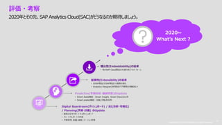 Copyright © 2019 Accenture. All rights reserved. 31
Copyright © 2019 Accenture. All rights reserved.
31
評価・考察
2020年とその先、SAP Analytics Cloud(SAC)がどうなるのか期待しましょう。
2020~
What’s Next ?
 