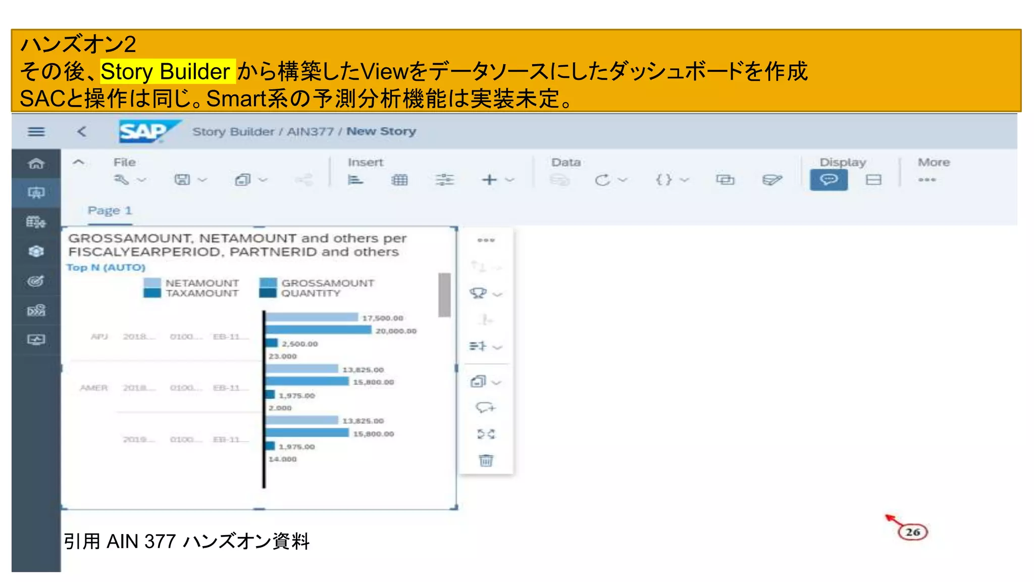 10
ハンズオン2
その後、Story Builder から構築したViewをデータソースにしたダッシュボードを作成
SACと操作は同じ。Smart系の予測分析機能は実装未定。
引用 AIN 377 ハンズオン資料
 