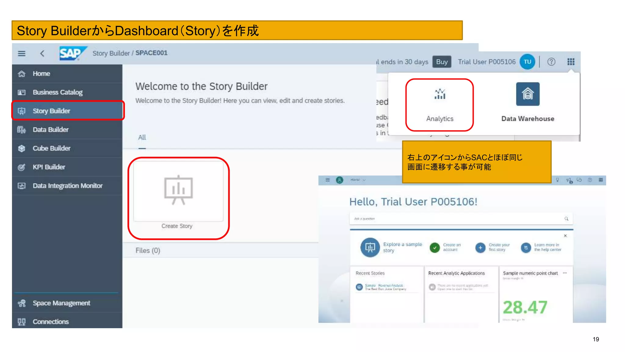 19
Story BuilderからDashboard（Story）を作成
右上のアイコンからSACとほぼ同じ
画面に遷移する事が可能
 