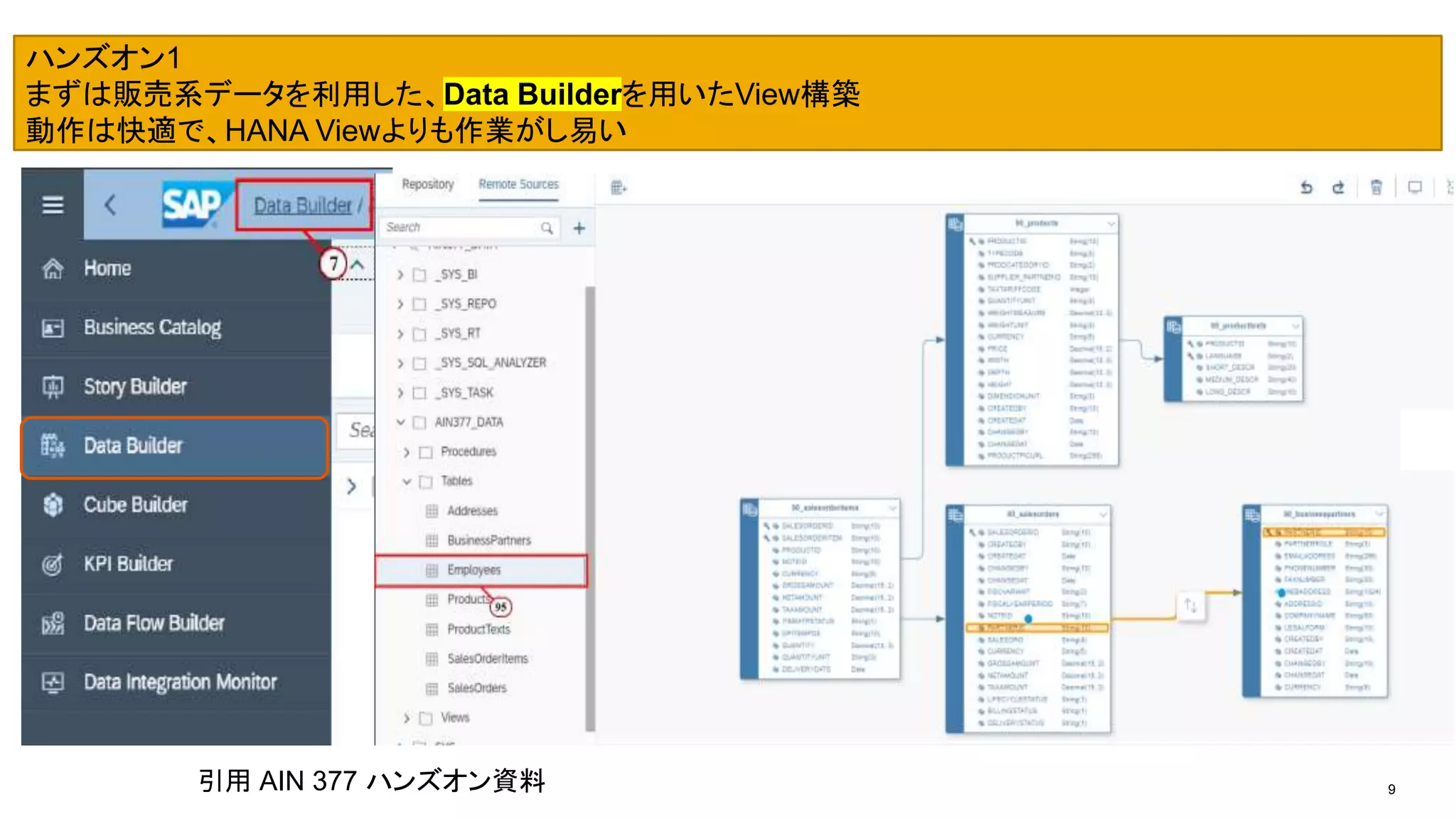 9
ハンズオン1
まずは販売系データを利用した、Data Builderを用いたView構築
動作は快適で、HANA Viewよりも作業がし易い
引用 AIN 377 ハンズオン資料
 