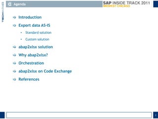Agenda,[object Object],2,[object Object],Introduction,[object Object],Export data AS-IS,[object Object],Standard solution,[object Object],Custom solution,[object Object],abap2xlsx solution,[object Object],Why abap2xlsx?,[object Object],Orchestration,[object Object],abap2xlsx on Code Exchange,[object Object],References,[object Object]